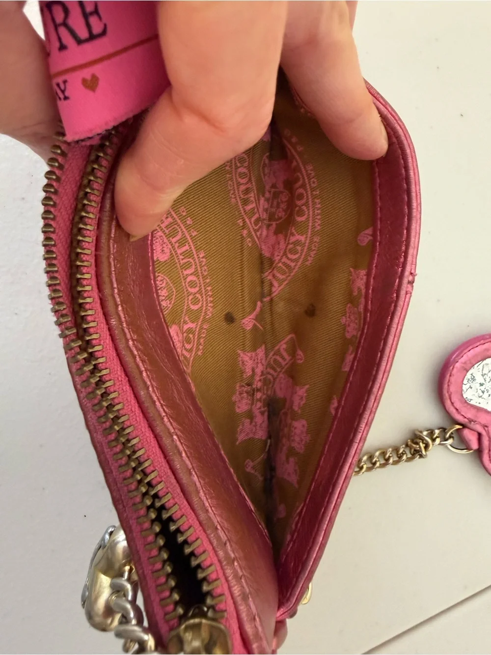 Juicy Couture Y2K Pink Metallic Leather Wristlet Clutch Heart Mirror Charm